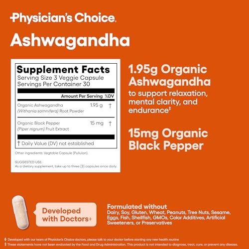 Physician's CHOICE Ashwagandha Supplement - 1950mg of Bioavailable Organic Ashwagandha Root Powder - Black Pepper Extract, Stress Support, Mood Support Supplement, 90 Veggie Capsules - görsel 6