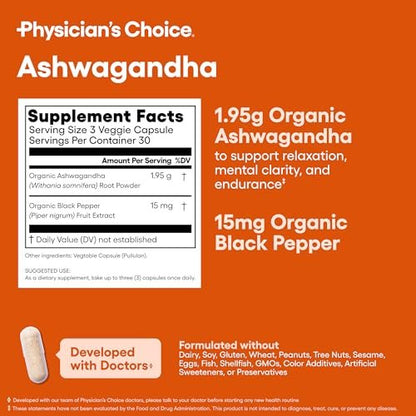 Physician's CHOICE Ashwagandha Supplement - 1950mg of Bioavailable Organic Ashwagandha Root Powder - Black Pepper Extract, Stress Support, Mood Support Supplement, 90 Veggie Capsules