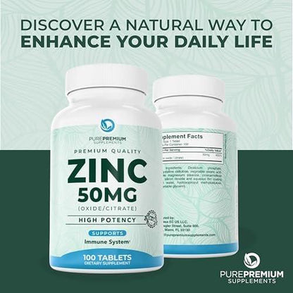 PurePremium Natural Zinc 50mg Supplements for Men/Women - GMP-Certified High Potency Vitamin Zinc Citrate/Oxide for Adults, Immune Antioxidant, Energy Support - 100 Tablets