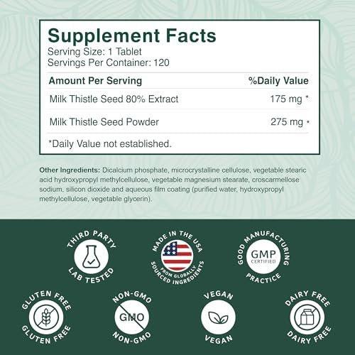 PurePremium Milk Thistle Supplement – Liver Cleanse Detox & Repair, 80% Silymarin Standardized Extract – 450mg Complex Supports Normal Liver Function – Non-GMO, Gluten-Free - 120 Supply - görsel 10