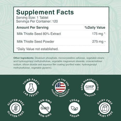 PurePremium Milk Thistle Supplement – Liver Cleanse Detox & Repair, 80% Silymarin Standardized Extract – 450mg Complex Supports Normal Liver Function – Non-GMO, Gluten-Free - 120 Supply