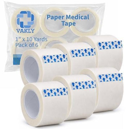 Vakly Paper Medical Tape 1 in x 10 yd (6 Rolls) – Microporous Breathable Adhesive First Aid Tape, Latex-Free Hypoallergenic Bandage & Wound Dressing Tape