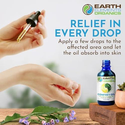 Earth Elements Organics Comfrey Body Oil Raw, Infused Herbal Care, Organic Skincare, Unscented, for All Skin Types - 1 fl oz