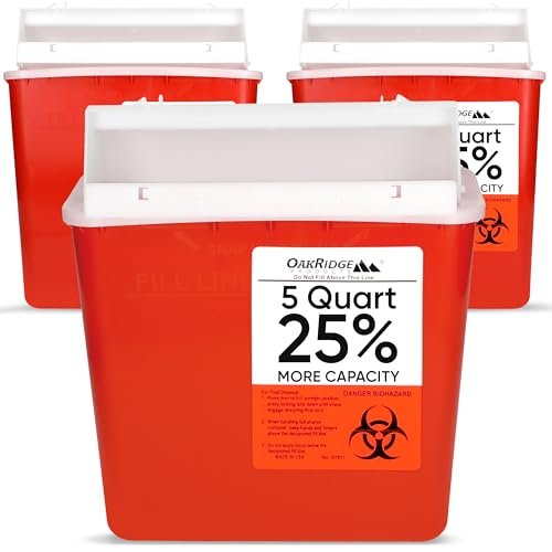 Oakridge Products Sharps Container for Home Use and Professional 5 Quart (3-Pack), Biohazard Needle and Syringe Disposal, Mailbox Style Lid, CDC Certified - görsel 1