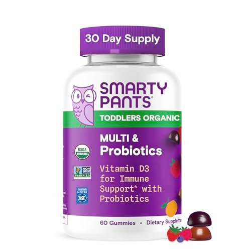 SmartyPants Organic Toddler Multivitamin Gummies: Probiotics, Omega 3 (ALA), Vitamin D3, C, Vitamin B12, B6, A, K & Zinc, Beta Carotene, Gluten Free, Three Fruit Flavors, 60 Count (30 Day Supply) - görsel 3