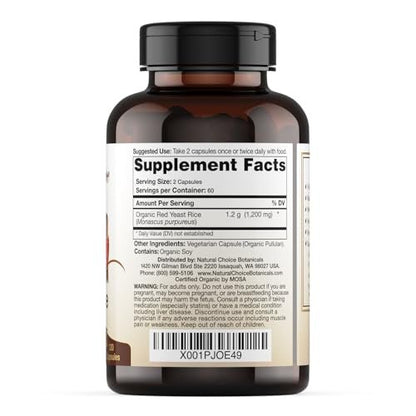 Natural Choice Botanicals Certified Organic Red Yeast Rice Supplement - 120 Capsules, 2 Month Supply