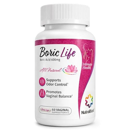 NutraBlast Boric Acid Suppositories - 100% Pure Made in USA - Boric Life Intimate Health Support (60 Count)