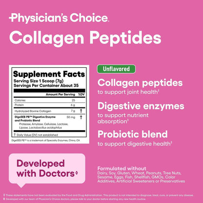 Physician's CHOICE Collagen Peptides - Hydrolyzed Protein Powder for Hair, Skin, Joints - Grass Fed, Non-GMO