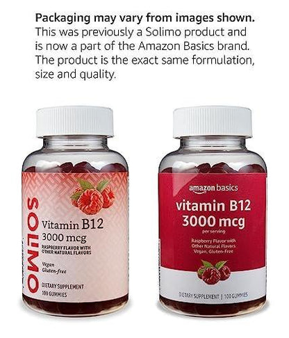 Vitamin B12 3000 mcg, Normal Energy Production and Metabolism, Immune System Support, 100 Gummies (2 per serving), Pack of 2, Raspberry