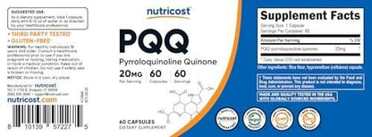 Nutricost PQQ (Pyrroloquinoline Quinone) 20mg, 60 Capsules - Vegetarian Capsules, Non-GMO, Gluten Free