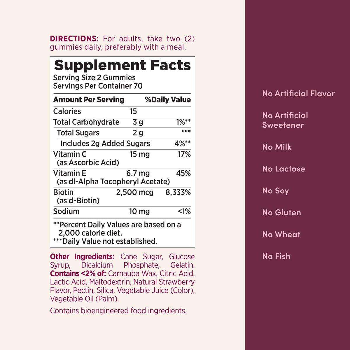 Nature's Bounty Hair, Skin & Nails with Biotin, Strawberry Gummies Vitamin Supplement, Supports Hair, Skin, and Nail Health for Women, 2500 mcg, 140 Ct, 70 Total Servings - görsel 8