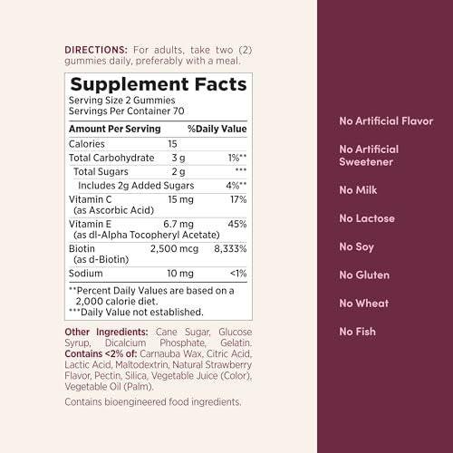 Nature's Bounty Hair, Skin & Nails with Biotin, Strawberry Gummies Vitamin Supplement, Supports Hair, Skin, and Nail Health for Women, 2500 mcg, 140 Ct, 70 Total Servings - görsel 9