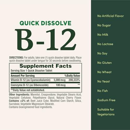 Nature's Bounty Vitamin B12 5000mcg Quick Dissolve Tablets, 40 Count (Pack of 2) - Supports Energy Metabolism and Nervous System Health - görsel 6