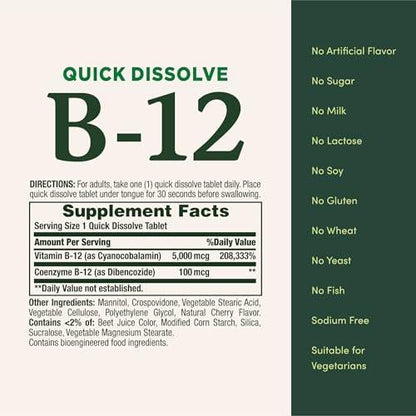Nature's Bounty Vitamin B12 5000mcg Quick Dissolve Tablets, 40 Count (Pack of 2) - Supports Energy Metabolism and Nervous System Health