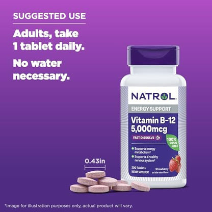 Natrol B12 Vitamins 5000 mcg, Fast Dissolve Vitamin B12 Supplement Supports a Healthy Nervous System and Energy Metabolism, 200 Tablets, Up to a 200 Day Supply