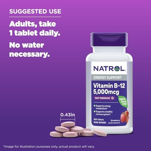 Natrol B12 Vitamins 5000 mcg, Fast Dissolve Vitamin B12 Supplement Supports a Healthy Nervous System and Energy Metabolism, 200 Tablets, Up to a 200 Day Supply - görsel 9
