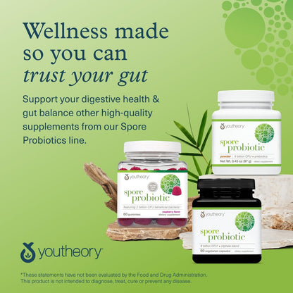Youtheory Spore Probiotic - Helps Gut Health* - 6 Billion CFU with Prebiotics - Supports Regular Bowel Movement & Diarrhea Relief* - Shelf Stable - 60 Vegetarian Capsules (30-Day Supply)
