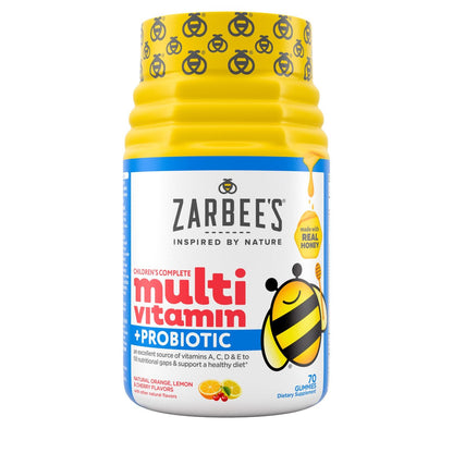 Zarbee's Kid's Complete Multivitamin + Probiotic Gummies with Vitamins A B C D E & Zinc for Digestive Health, Easy to Chew Kids Daily Multivitamin Gummies, Natural Fruit, 70 Count