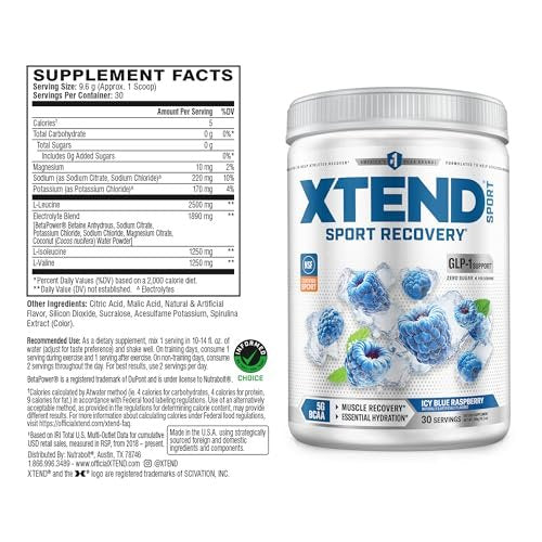 XTEND Sport BCAA Powder Blue Raspberry Ice - Electrolyte Powder for Recovery & Hydration with Amino Acids - 30 Servings - görsel 5