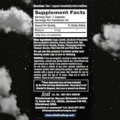 Nite Thru Advanced Sleep Aid Melatonin Dietary Supplement, 10mg Capsules, 60 Count