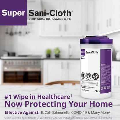 Super Sani-Cloth Germicidal Disposable Wipe, X-Large 5'' x 8'' Wipe, Pop Up Dispenser of 65