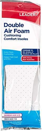 LEADER Double Air Foam Insoles, Keeps Feet Cool & Dry, Extra Thick Dual Layer, for Men & Women, One Size Fits Most, Trim to Size, Unisex, Compare to Dr. Scholls Air-Pillo, 1 Pair, Pack of 5