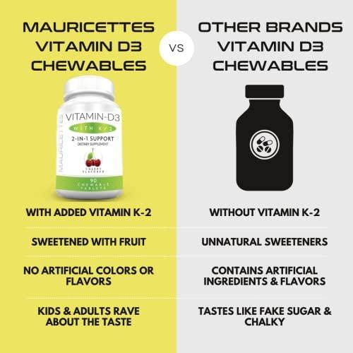 Mauricettes Chewable Vitamin D3 with K2 – 2-in-1 Bone & Heart Health Support – Immune Booster – Natural Cherry Flavor – 90 Tablets for Adults & Kids - görsel 4