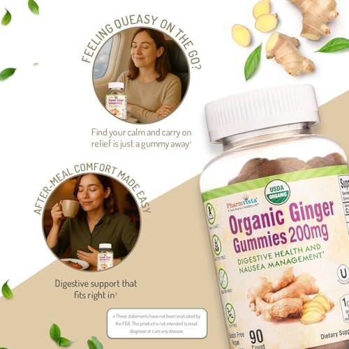Pharmvista USDA Organic Ginger Gummies 200mg 90 Count for Nausea Management and Digestive Health - görsel 6