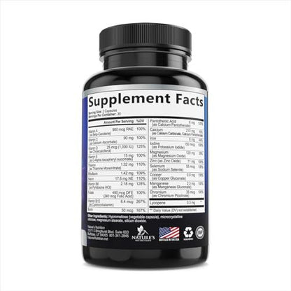 Multivitamin for Men - Once Daily Mens Multivitamins - Comprehensive Multi-Vitamin with Optimal Vitamin Bioavailability - Essential Vitamins A, C, D, E, & Zinc Formula - Bottled in USA - 60 Capsules