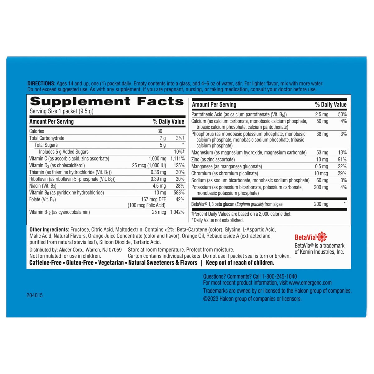 Emergen-C Immune+ Triple Action Immune Support Powder, BetaVia (R), 1000mg Vitamin C, B Vitamins, Vitamin D and Antioxidants, Super Orange – 50 Count - görsel 1
