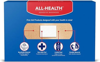 All Health Adhesive Fabric Bandages, 200 Count Assorted Sizes | Soft, Flexible Material | Protection for First Aid and Wound Care