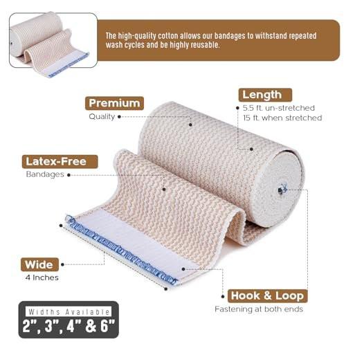 Premium Elastic Bandage Wrap (4” Wide, 4 Pack) - Nexskin Latex Free Athletic/Medical Compression Bandages Hook & Loop Fasteners at Both Ends - Lifetime Washable & Reusable Bandages - görsel 1