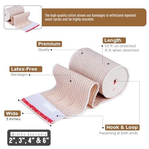 Premium Elastic Bandage Wrap (3” Wide, 4 Pack) - Nexskin Latex Free Athletic/Medical Compression Bandages Hook & Loop Fasteners at Both Ends - Lifetime Washable & Reusable Bandages - görsel 1
