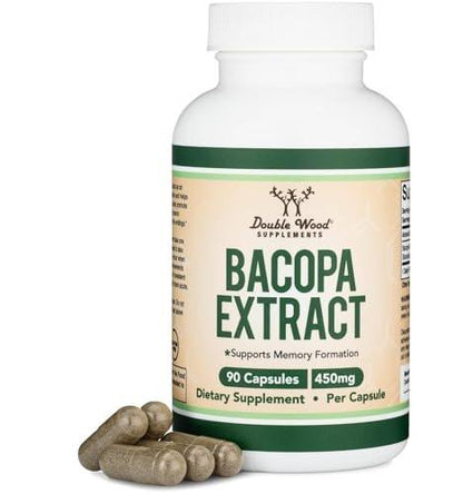 Bacopa Monnieri Capsules 20% Bacosides 450mg, 90 Count (Non-GMO, Gluten Free) Brahmi Extract (Memory Supplement for Brain Health, Focus, and Cognitive Function) by Double Wood