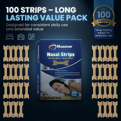 MASSNER Nose Strips for Breathing, Large Breath Strips for Sleeping, Snoring Support, Stuffy Nose and Congestion Relief - Better Night Airflow, 100 Nasal Strip