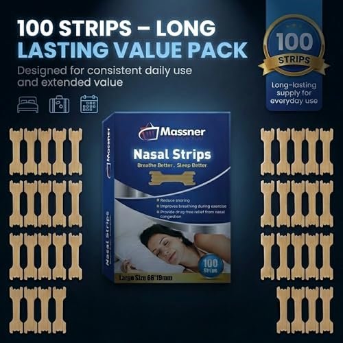 MASSNER Nose Strips for Breathing, Large Breath Strips for Sleeping, Snoring Support, Stuffy Nose and Congestion Relief - Better Night Airflow, 100 Nasal Strip - görsel 15