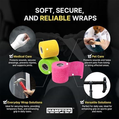 Hampton Adams Self Adhesive Bandage Wrap (14-Pack) - 15ft Each - Rainbow Mix - As Seen on Shark Tank - Pet Safe, Breathable Athletic Elastic Cohesive Bandage for Sports Injury Ankle Knee Wrist Sprains