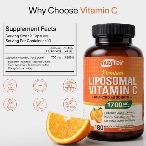 NutriFlair Liposomal Vitamin C 1700mg, 180 Capsules - High Absorption, Fat Soluble VIT C, Higher Bioavailability Immune System Support & Collagen Booster, Non-GMO, Vegan Pills - görsel 5