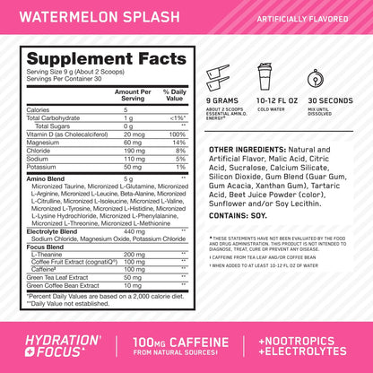 Optimum Nutrition Amino Energy Powder Plus Focus, with BCAA, Electrolytes, and Caffeine, Watermelon, 30 Servings