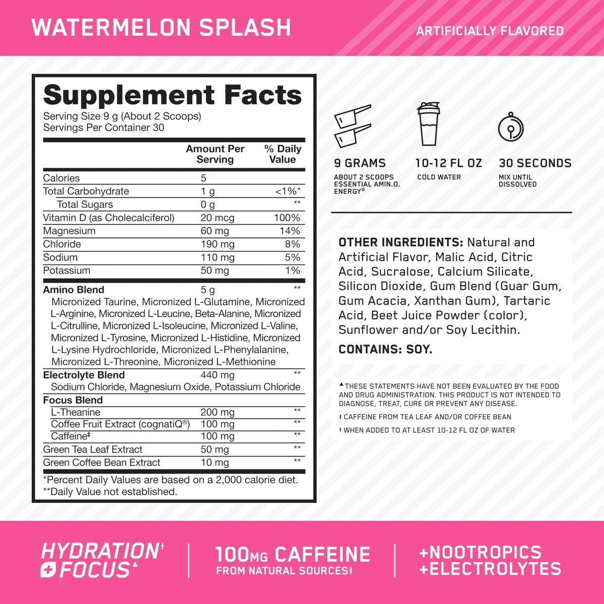 Optimum Nutrition Amino Energy Powder Plus Focus, with BCAA, Electrolytes, and Caffeine, Watermelon, 30 Servings - görsel 4