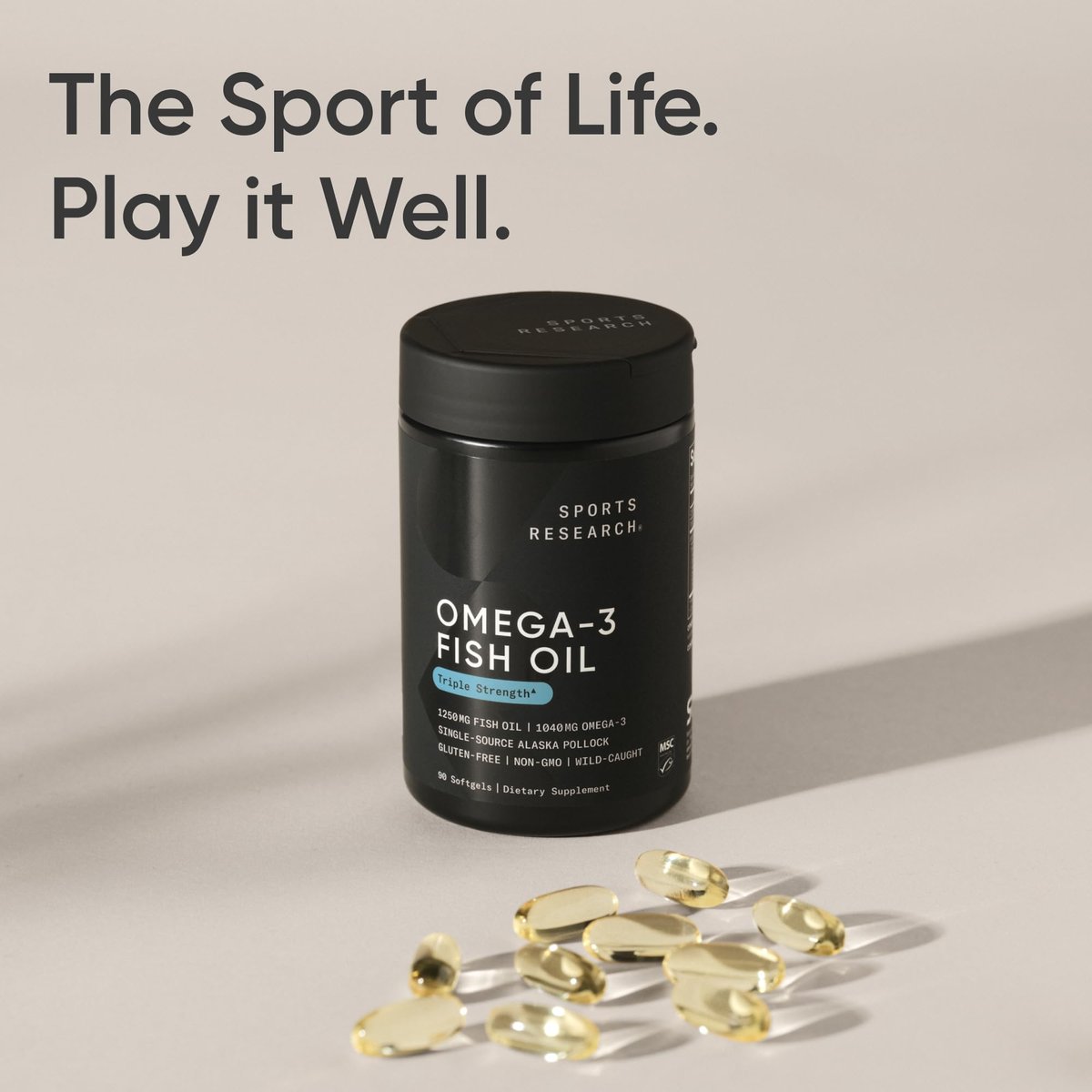 Sports Research® Omega-3 Fish Oil 1250 - Triple Strength Fish Oil Supplement from Wild Alaska Pollock - MSC Certified Sustainable · Non-GMO · Soy Free - 90 Softgel Capsules - görsel 1