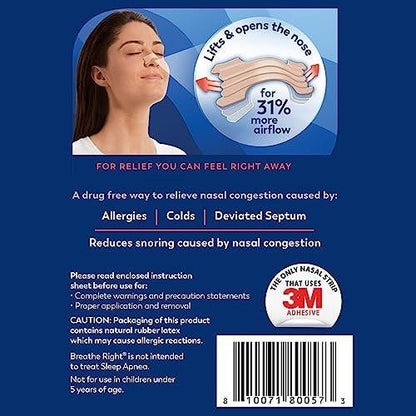 Breathe Right Nasal Strips, Extra Strength Tan Nose Strips, Drug-Free Nasal Congestion Relief for Better Breathing, Help Relieve Snoring, Caused by Colds & Allergies, Deviated Septum, 44ct