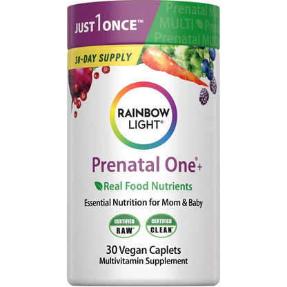 Rainbow Light Prenatal Multivitamin One + for Women | 30 Caplets | Essential Nutrition for Mom & Baby | Real Food Nutrients | with Iron, Vitamins, Folate, Biotin and More