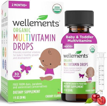 Wellements Organic Baby Multivitamin Drops (1 Fl Oz) - Cherry Flavor Liquid Multivitamins for Infants & Toddlers (2 Months+) - Toddler Vitamins for Immune Support, Healthy Growth & Bone Development