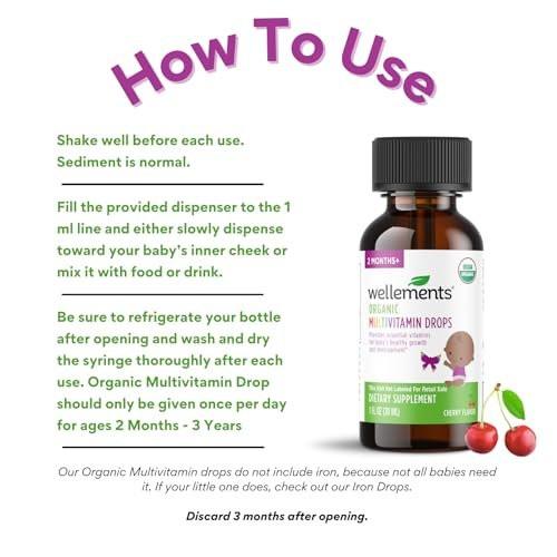 Wellements Organic Baby Multivitamin Drops (1 Fl Oz) - Cherry Flavor Liquid Multivitamins for Infants & Toddlers (2 Months+) - Toddler Vitamins for Immune Support, Healthy Growth & Bone Development - görsel 1