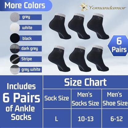 Yomandamor Men's Diabetic Ankle Socks with Seamless Toe and Non-Binding Top, 6 Pairs, Size 10-13, White