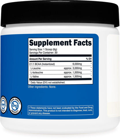 Nutricost BCAA Powder (Unflavored, 30 Servings) - Vegetarian, Non-GMO, Gluten Free, Optimal 2:1:1 Ratio