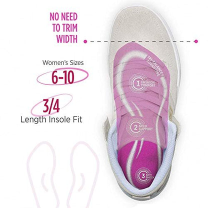 Comfort Zone Tri-Balance Gel Orthotic Insoles for Women, Non-Slip & Cushioned, Fits Well with Heel & Ball of Foot Supports, 3/4 Length Arch Support Inserts for Women, Sizes 6-10, 1 Pair