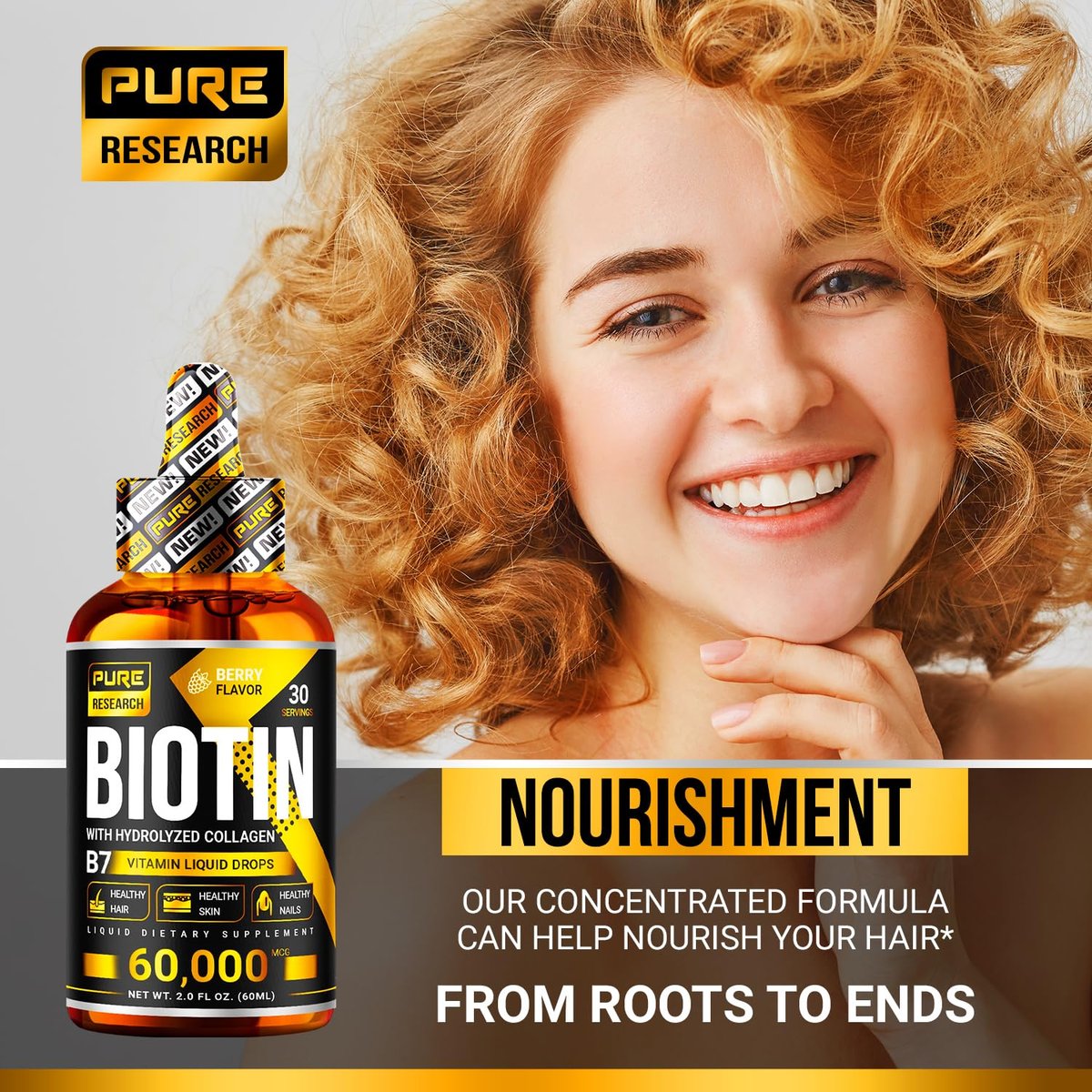 PURE RESEARCH Liquid Biotin & Collagen Hair Growth Drops 60,000mcg – Biotin and Liquid Collagen Supplements for Women & Men – Supports Glowing Skin, Healthy Hair & Nail Growth (2Fl Oz) - görsel 8