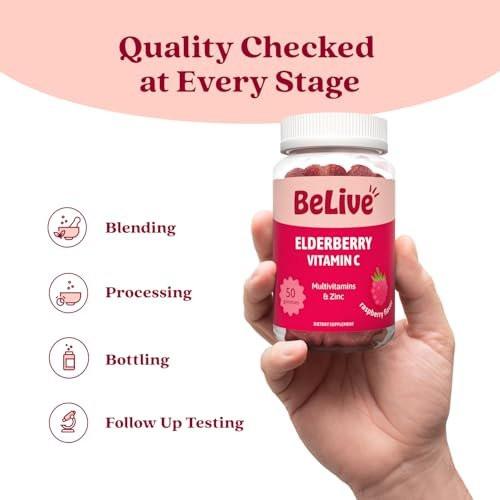 BeLive Elderberry Gummies with Vitamin C, D3 and Zinc - Multivitamin Supplement for Immune Health Support for Kids & Adults - 50 Count - Raspberry Flavor - görsel 4